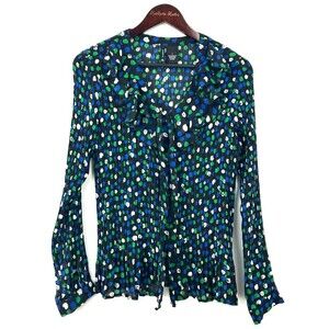 New Directions Blouse Womens L Black Polka Dot Tie Neck Pleated Crinkle 1144E4